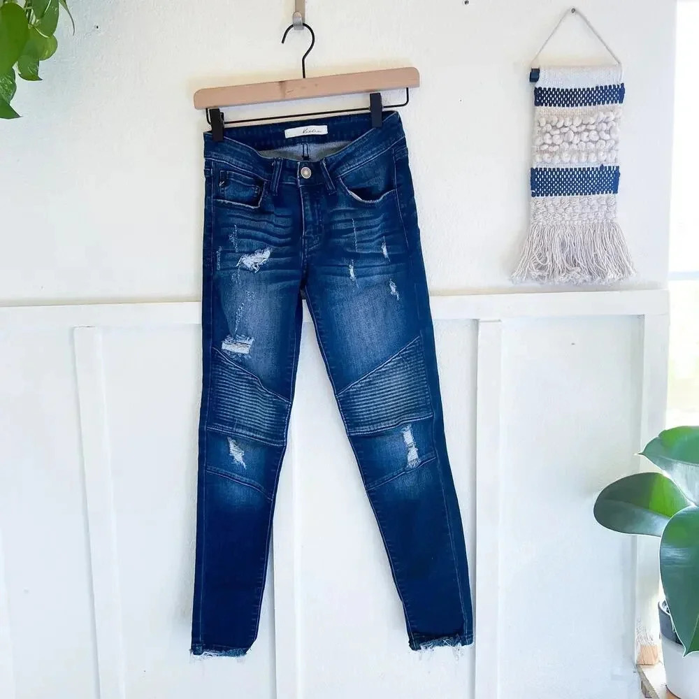 Kancan Womens Blue Distressed Moto Jeans Sz 1/24 Rock KC8201SD‎ Raw Hem Ripped